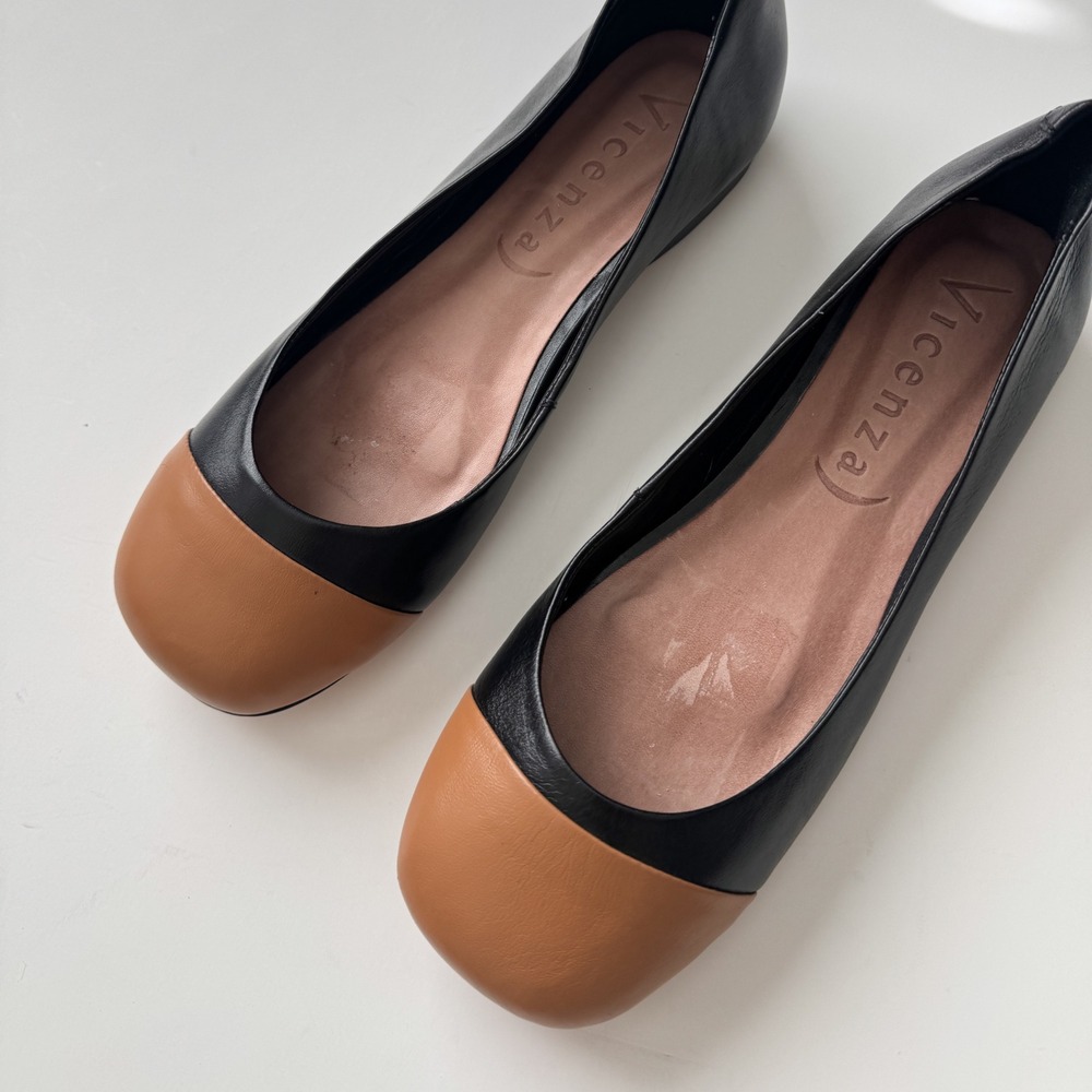 Vicenza Black Leather Two Tone Cap Toe Square Toe Ballet Flats Size 7 Brazil - Picture 4 of 10
